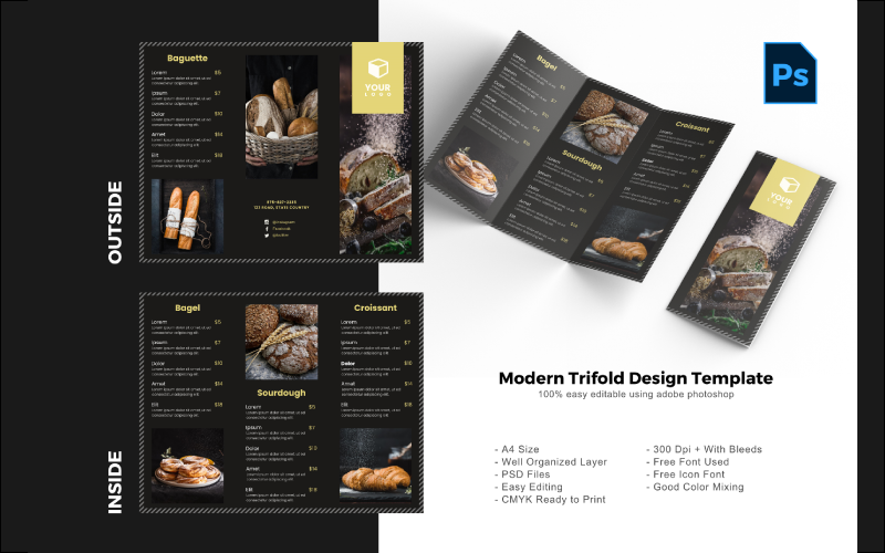 Download PSD шаблон "Luxury Bakery Trifold Brochure PSD Template" / Luxury Bakery Trifold Brochure PSD Template - PSD шаблон на тему графика trifold template,brochure template,flyer template,psd template,trifold psd template,photoshop template,modern,minimalist,business trifold,trifold brochure,trifold mockup,ads,advertisement,bro