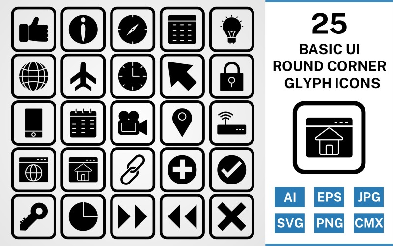 Download Набор иконок "25 Basic ui Round Corner Glyph Black Icon Set" / 25 Basic ui Round Corner Glyph Black Icon Set - Набор иконок на тему data set,file,icon,icons,round,vector,sign,symbol,pictogram,corner,glyph,basic ui,browser,wifi,homepage,location,video,lock,cursor,globe