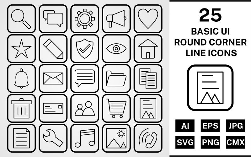 Download Набор иконок "25 Basic ui Round Corner Line Black Icon Set" / 25 Basic ui Round Corner Line Black Icon Set - Набор иконок на тему data set,file,icon,icons,round,vector,sign,symbol,pictogram,corner,line,basic ui,find,cart,users,chat,picture,document,trash,inbox