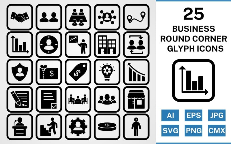 Download Набор иконок "25 Business Round Corner Glyph Black Icon Set" / 25 Business Round Corner Glyph Black Icon Set - Набор иконок на тему business set,file,icon,icons,round,vector,sign,symbol,pictogram,corner,glyph,business,office,shop,speech,decison making,route,handshake,management,working team