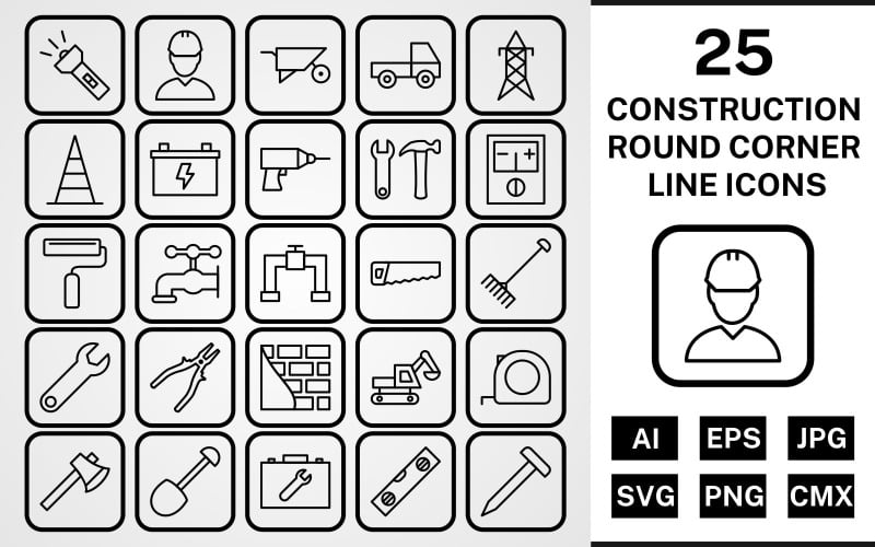 Download Набор иконок "25 Construction Round Corner Line Black Icon Set" / 25 Construction Round Corner Line Black Icon Set - Набор иконок на тему industrial set,file,icon,icons,round,vector,sign,symbol,pictogram,corner,line,construction,engineer,loader,tools,tool box,drill,paint roller,pipe,saw