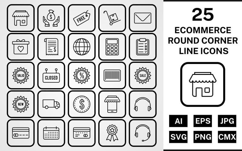 Download Набор иконок "25 Ecommerce Round Corner Line Black Icon Set" / 25 Ecommerce Round Corner Line Black Icon Set - Набор иконок на тему shopping set,file,icon,icons,round,vector,sign,symbol,pictogram,corner,line,ecommerce,envelope,saving,trolley,new,sale,atm,shop,discount