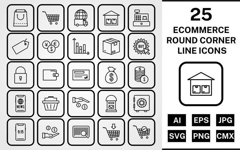 Download Набор иконок "25 Ecommerce Round Corner Line Black Icon Set" / 25 Ecommerce Round Corner Line Black Icon Set - Набор иконок на тему shopping set,file,icon,icons,round,vector,sign,symbol,pictogram,corner,line,ecommerce,buy,security,tag,vault,add to cart,payment,basket,cheque