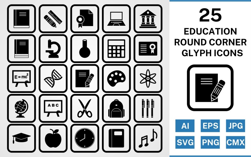 Download Набор иконок "25 Education Round Corner Glyph Black Icon Set" / 25 Education Round Corner Glyph Black Icon Set - Набор иконок на тему science set,file,icon,icons,round,vector,sign,symbol,pictogram,corner,glyph,education,books,bagpack,notebook,flask,microscope,notes,markers,calculator