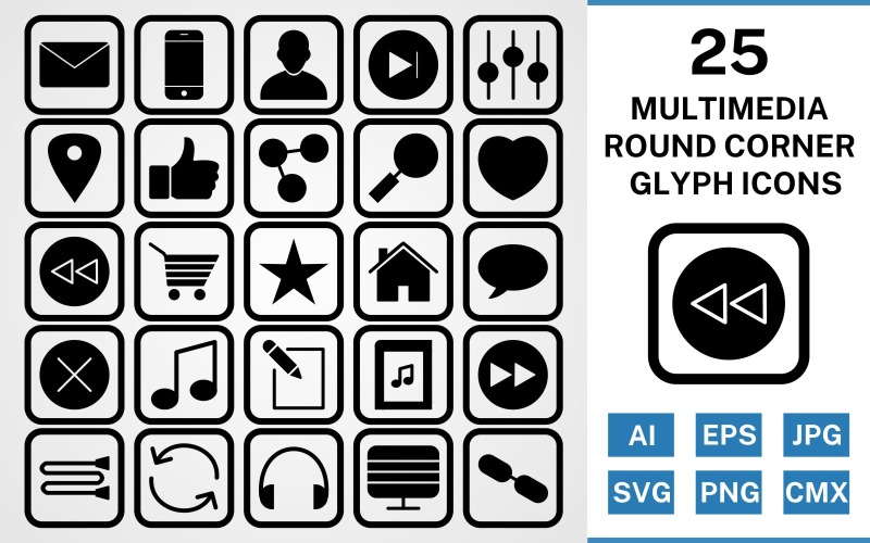 Download Набор иконок "25 Multimedia Round Corner Glyph Black Icon Set" / 25 Multimedia Round Corner Glyph Black Icon Set - Набор иконок на тему data set,file,icon,icons,round,vector,sign,symbol,pictogram,corner,glyph,multimedia,next,avatar,heart,back,link,monitor,like,envelope