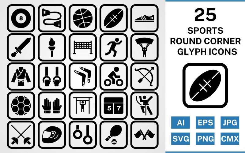 Download Набор иконок "25 Sports And Games Round Corner Glyph Black Icon Set" / 25 Sports And Games Round Corner Glyph Black Icon Set - Набор иконок на тему sports set,file,icon,icons,round,vector,sign,symbol,pictogram,corner,glyph,sports,games,karate,rugby,pool,runner,tennis,racing,bow