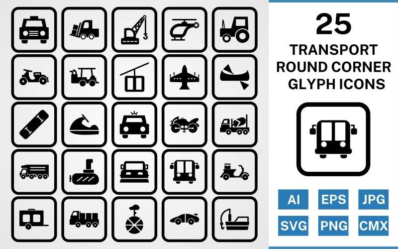 Download Набор иконок "25 Transport Round Corner Glyph Black Icon Set" / 25 Transport Round Corner Glyph Black Icon Set - Набор иконок на тему transport set,file,icon,icons,round,vector,sign,symbol,pictogram,corner,glyph,transport,taxi,wagon,dumper,submarine,golf cart,vespa,loader,fishing boat
