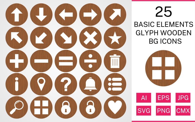 Download Набор иконок "25 Basic Elements Glyph Wooden BG Icon Set" / 25 Basic Elements Glyph Wooden BG Icon Set - Набор иконок на тему data set,file,icon,icons,background,vector,sign,symbol,pictogram,wooden,glyph,basic elements,up,down,apps,lock,list,minus,delete,divide