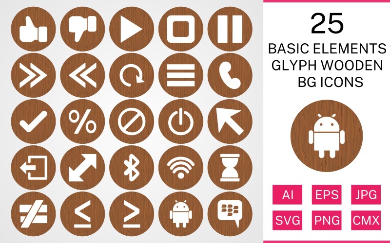 Download Набор иконок "25 Basic Elements Glyph Wooden BG Icon Set" / 25 Basic Elements Glyph Wooden BG Icon Set - Набор иконок на тему data set,file,icon,icons,background,vector,sign,symbol,pictogram,wooden,glyph,basic elements,play,stop,tick,like,cursor,android,blackberry,menu
