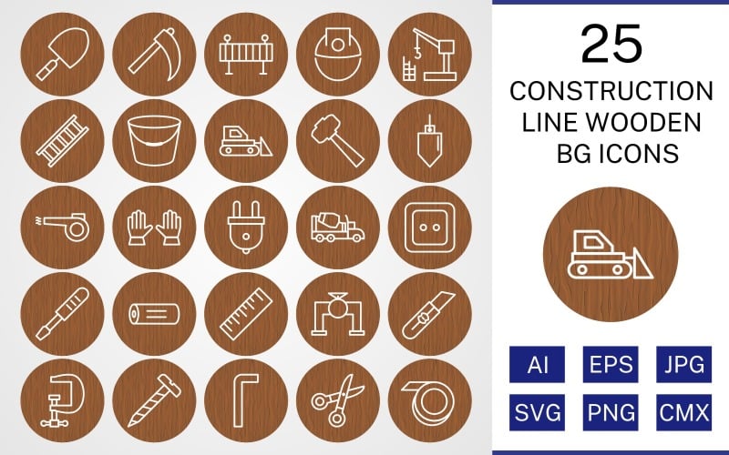 Download Набор иконок "25 Construction Line Wooden BG Icon Set" / 25 Construction Line Wooden BG Icon Set - Набор иконок на тему industrial set,file,icon,icons,background,vector,sign,symbol,pictogram,wooden,line,construction,trowel,ladder,bucket,vise,ruler,helmet,hammer,bulldozer