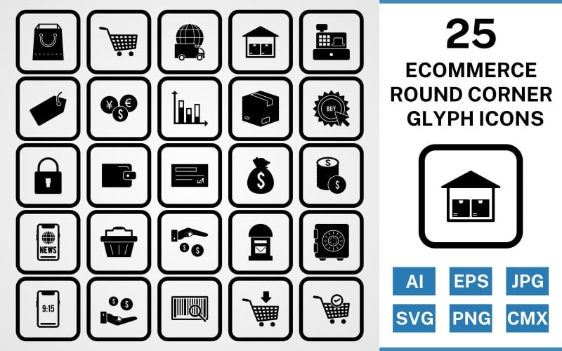 Download Набор иконок "25 Ecommerce Round Corner Glyph Black Icon Set" / 25 Ecommerce Round Corner Glyph Black Icon Set - Набор иконок на тему shopping set,file,icon,icons,round,vector,sign,symbol,pictogram,corner,glyph,ecommerce,buy,security,tag,vault,add to cart,payment,basket,cheque