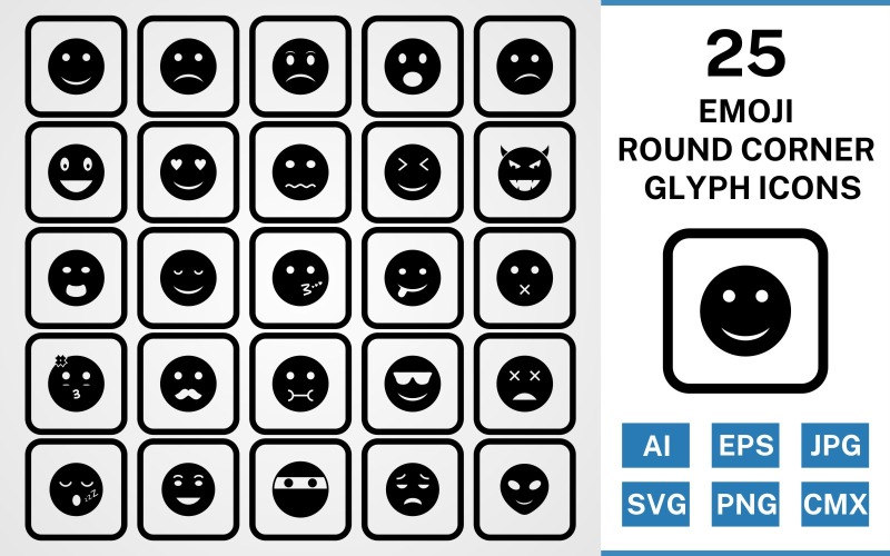 Download Набор иконок "25 Emoji Round Corner Glyph Black Icon Set" / 25 Emoji Round Corner Glyph Black Icon Set - Набор иконок на тему social media set,file,icon,icons,round,vector,sign,symbol,pictogram,corner,glyph,emoji,happy,sad,lol,alien,kiss,wink,nervous,calm