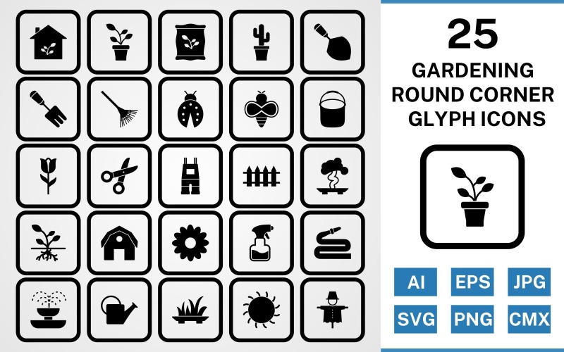 Download Набор иконок "25 Gardening Round Corner Glyph Black Icon Set" / 25 Gardening Round Corner Glyph Black Icon Set - Набор иконок на тему nature set,file,icon,icons,round,vector,sign,symbol,pictogram,corner,glyph,gardening,sprout,pail,hose,barn,root,grass,watercan,trowel