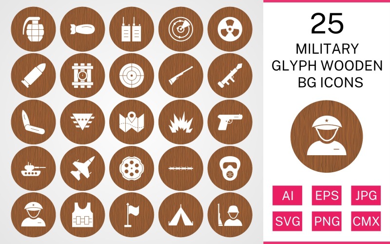 Download Набор иконок "25 Military Glyph Wooden BG Icon Set" / 25 Military Glyph Wooden BG Icon Set - Набор иконок на тему military set,file,icon,icons,background,vector,sign,symbol,pictogram,wooden,glyph,military,bullet,target,grenade,jet,tent,gun,blast,radar
