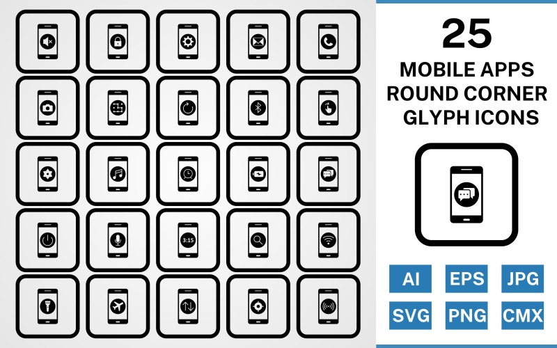 Download Набор иконок "25 Mobile Apps Round Corner Glyph Black Icon Set" / 25 Mobile Apps Round Corner Glyph Black Icon Set - Набор иконок на тему music set,file,icon,icons,round,vector,sign,symbol,pictogram,corner,glyph,mobile apps,power off,music,camera,call,lock,silent,alarm,hotspot