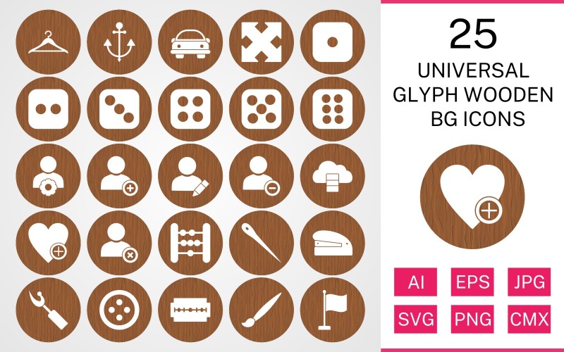 Download Набор иконок "25 Universal Glyph Wooden BG Icon Set" / 25 Universal Glyph Wooden BG Icon Set - Набор иконок set,file,icon,icons,background,vector,sign,symbol,pictogram,wooden,glyph,universal,hanger,dice six,flag,needle,edit profile,staper,button,blade