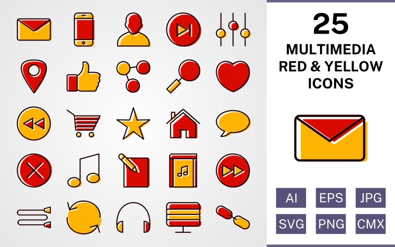 Download Набор иконок "25 Multimedia Filled Red And Yellow Icon Set" / 25 Multimedia Filled Red And Yellow Icon Set - Набор иконок на тему data set,file,icon,icons,red,vector,sign,symbol,pictogram,yellow,filled,multimedia,next,avatar,heart,back,link,monitor,like,envelope