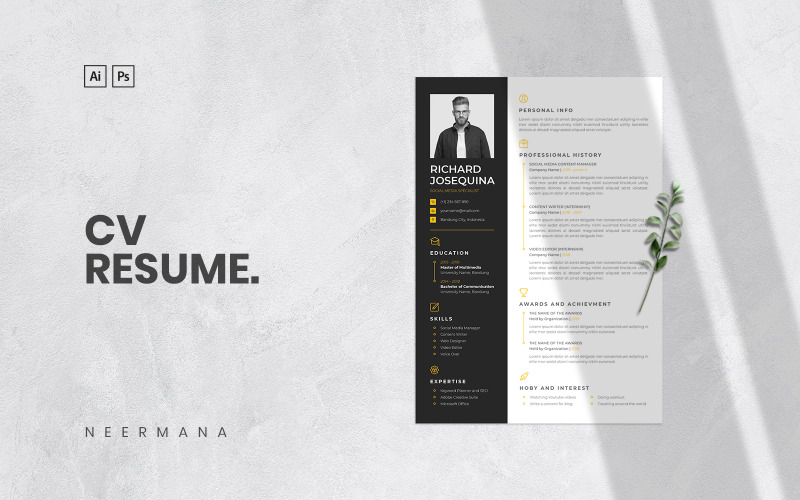 Download Резюме "CV  - Professional, Creative &amp; Clean Design Resume Template" / CV  - Professional, Creative &amp; Clean Design Resume Template - Резюме на тему графика resume,cover letter,clean,professional,modern,creative,minimal,black,yellow,currivulum vitae,business,introduction