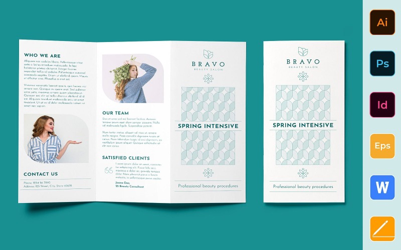 Download Фирменный стиль "Beauty Salon Brochure Trifold - Corporate Identity Template" / Beauty Salon Brochure Trifold - Corporate Identity Template - Фирменный стиль на тему графика brochure,trifold,template,corporate,company,branding,beauty,salon,spa,nails,skincare,hair,manicure,white,green