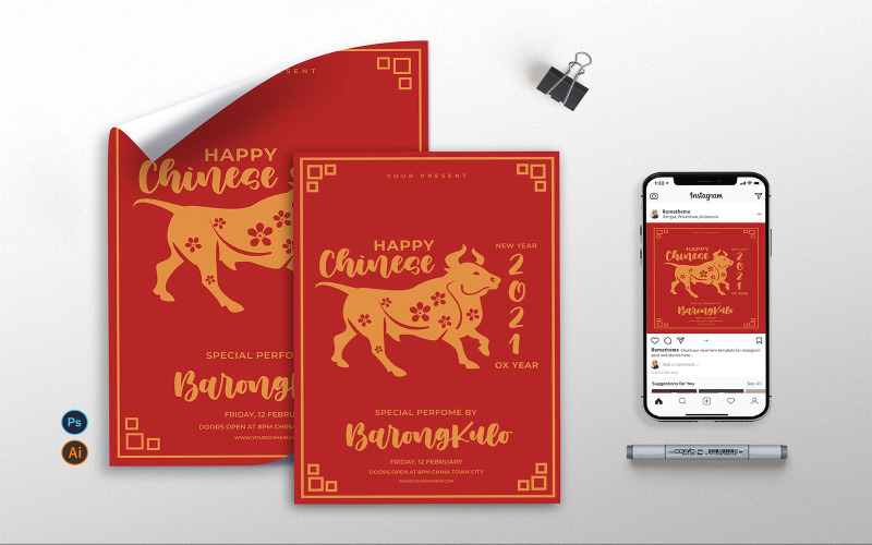 Download Фирменный стиль "Chinese New Year 2021 vol.2 Flyer TY - Corporate Identity Template" / Chinese New Year 2021 vol.2 Flyer TY - Corporate Identity Template - Фирменный стиль на тему графика chinese,new year,flyer,poster,instagram,illustration,clean,celebration,a4,a3,template,red,club,2021,invitation,festival,event