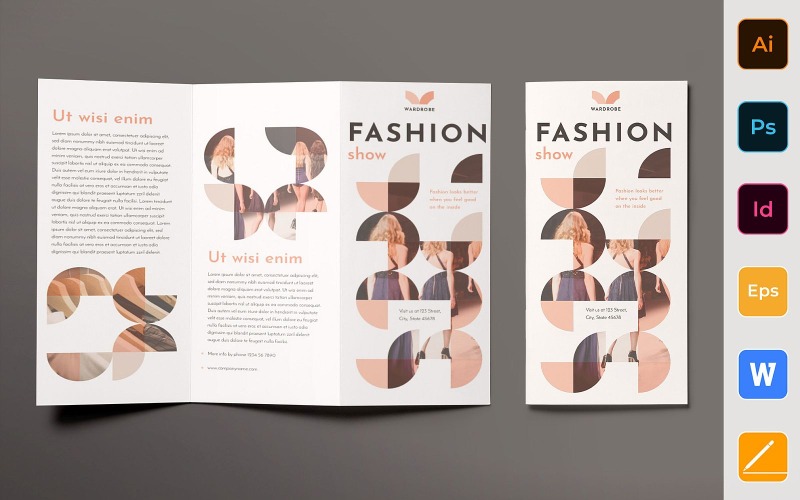 Download Фирменный стиль "Fashion Show Brochure Trifold - Corporate Identity Template" / Fashion Show Brochure Trifold - Corporate Identity Template - Фирменный стиль на тему графика brochure,trifold,template,corporate,company,branding,fashion,shop,store,clothes,shoes,accessories,white,brown,pastel
