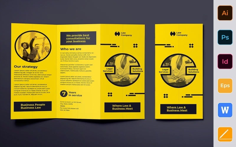 Download Фирменный стиль "Legal Services Brochure Trifold - Corporate Identity Template" / Legal Services Brochure Trifold - Corporate Identity Template - Фирменный стиль на тему графика brochure,trifold,template,corporate,company,branding,law,lawyer,legal services,law services,jurist,yellow,black,grey
