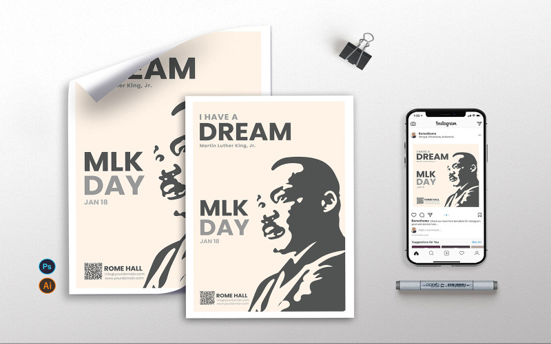 Download Фирменный стиль "Martin Luther King Jr. Day vol.01 - Flyer, Poster &amp; Instagram TY" / Martin Luther King Jr. Day vol.01 - Flyer, Poster &amp; Instagram TY - Фирменный стиль на тему графика celebration,template,event,martin,luther,politic,law,independence,amercam,fest,festival,simple