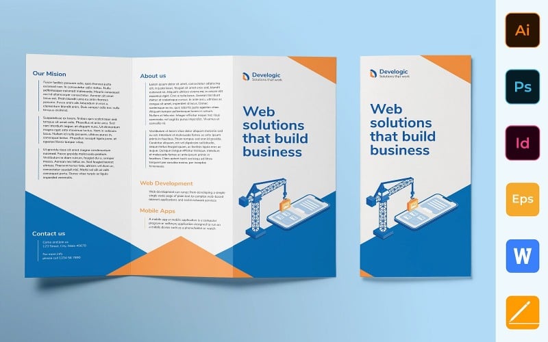 Download Фирменный стиль "Web and Mobile App Development Brochure Trifold - Corporate Identity Template" / Web and Mobile App Development Brochure Trifold - Corporate Identity Template - Фирменный стиль на тему графика brochure,trifold,template,corporate,company,branding,web,app,development,software,developer,mobile development,blue,orange,white