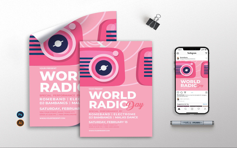 Download Фирменный стиль "World Radio Day - Flyer, Poster &amp; Instagram AS - Corporate Identity Template" / World Radio Day - Flyer, Poster &amp; Instagram AS - Corporate Identity Template - Фирменный стиль на тему графика day,flyer,template,festival,promotions,cute,celebration,business,poster,print,templates,creative,pink