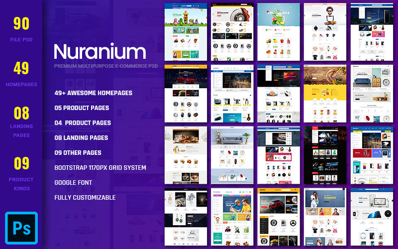 Download PSD шаблон "Nuranium - Multipurpose Ecommerce PSD Template" / Nuranium - Multipurpose Ecommerce PSD Template - PSD шаблон на тему электроника auto part,organic food,honey,electronics,vape,water shop,water delivery,electronic cigarettes,food and drink,bakery,bread,cake,furniture,jewelry,kid shop,baby shop,drone,fashion