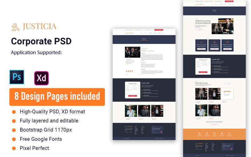 Download PSD шаблон "Justicia super clean &amp; modern Adobe Photoshop &amp; Adobe XD PSD Template" / Justicia super clean &amp; modern Adobe Photoshop &amp; Adobe XD PSD Template - Адаптивный PSD шаблон на тему графика advisor,attorney,consulting,consulting theme,court,elementor,law,law firm,law office,law theme,lawyer,lawyer theme,legal,legal law website,legal services