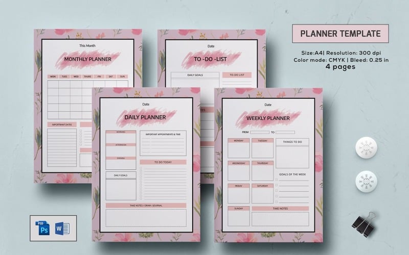 Download Planner "Printable Daily, Monthly Planner" / Printable Daily, Monthly Planner - Planner на тему графика planner,insert,daily,weekly,todo,monthly,word,docx,jpg,psd,multipurpose,printable,print ready,design,template