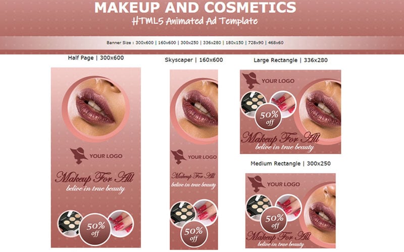 Download Animated Banner "Makeup and Cosmetics - HTML5 Ad  Template Animated Banner" / Makeup and Cosmetics - HTML5 Ad  Template Animated Banner - Animated Banner на тему магазин косметики animated banner,banner,html5,makeup artist,cosmetics,cosmetics store,beauty templates,google ads,7 standart size