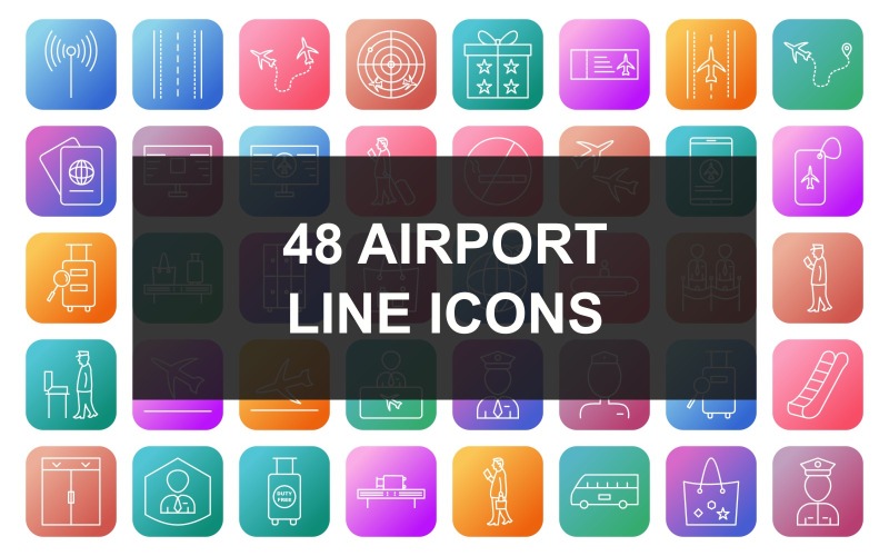 Download Набор иконок "48 Airport Line Square Round Gradient Background Icon Set" / 48 Airport Line Square Round Gradient Background Icon Set - Набор иконок на тему travel walking with luggage,waiting,vip passenger,ticket and passport,taxi stand,snacks,seats in plane,seat belt,runway,round travel flights,radar screen,presents,plane tickets,plane on runway,plane