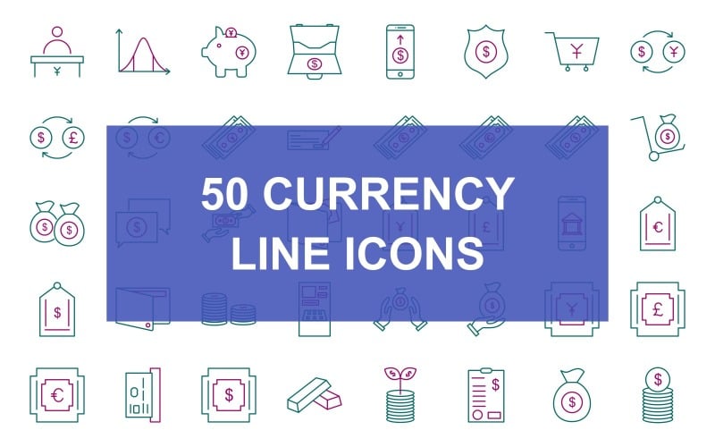 Download Набор иконок "50 Currency Line Two Color Icon Set" / 50 Currency Line Two Color Icon Set - Набор иконок на тему финансы cashier,write cheque,mobile banking,using credit card,dollar on fire,yen basket,pound basket,euro basket,dollar basket,statistics,piggy bank,dollar briefcase,online money,dollar badge,cart,do