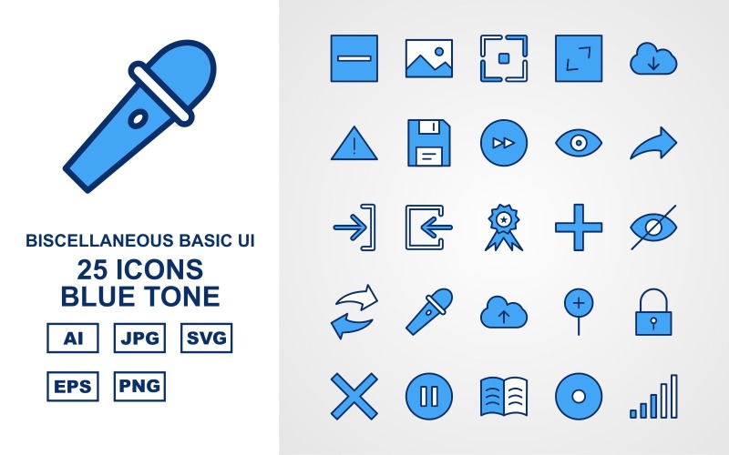 Download Набор иконок "25 Premium Miscellaneous Blue Tone Icon Set" / 25 Premium Miscellaneous Blue Tone Icon Set - Набор иконок на тему data design,arrow left,book,hosting web,setting,clock,upload,exclamation,pen,image,focus,enlarge,download,danger,floppy,next,eye,share,right,award