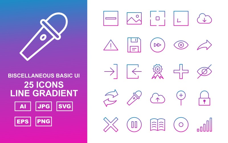 Download Набор иконок "25 Premium Miscellaneous Line Gradient Icon Set" / 25 Premium Miscellaneous Line Gradient Icon Set - Набор иконок на тему data design,arrow left,book,hosting web,setting,clock,upload,exclamation,pen,image,focus,enlarge,download,danger,floppy,next,eye,share,right,award