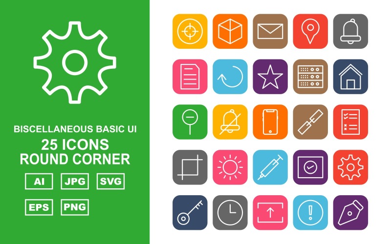 Download Набор иконок "25 Premium Miscellaneous Round Corner Icon Set" / 25 Premium Miscellaneous Round Corner Icon Set - Набор иконок на тему data design,arrow left,book,hosting web,setting,clock,upload,exclamation,pen,image,focus,enlarge,download,danger,floppy,next,eye,share,right,award