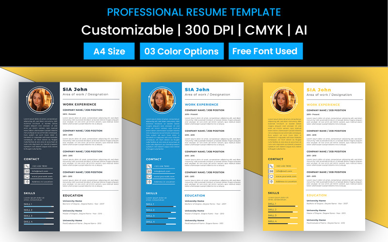 Download Резюме "Professional Resume Template" / Professional Resume Template - Резюме на тему графика professional,resume,template,cv,employee,employer,clean,minimal,modern,a4,cover,corporate,yellow,blue,printable,300dpi,multipurpose,ai,pdf,editable