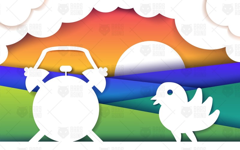 Download Vector "Good Morning With Alarm And Sun - Vector Image" / Good Morning With Alarm And Sun - Vector Image - Vector на тему графика paper cut,origami,morning,bird,alarm clock,sun,clouds,sunrise,fields,wake up,character,animal,landscape,composition,white,green,blue,orange,3d,paper