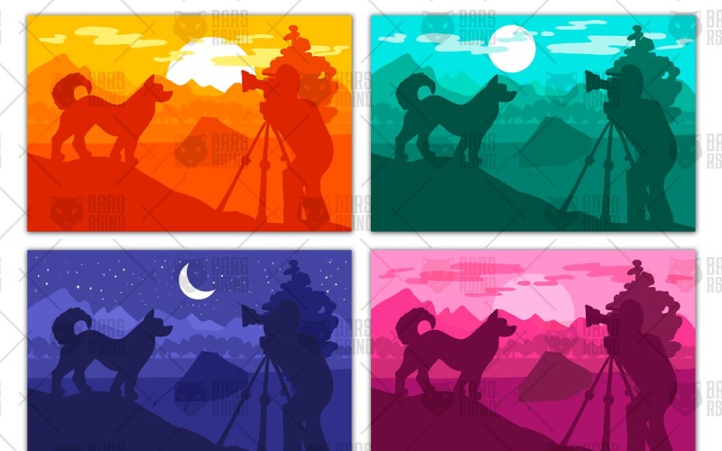 Download Vector "Photographer Photographs Dog - Vector Image" / Photographer Photographs Dog - Vector Image - Vector на тему графика day,morning,night,sunrise,sunset,minimalistic,flat,wildlife,wild,photographer,photo,dog,wolf,scene,landscape,hill,savanna,animal,photography,travel
