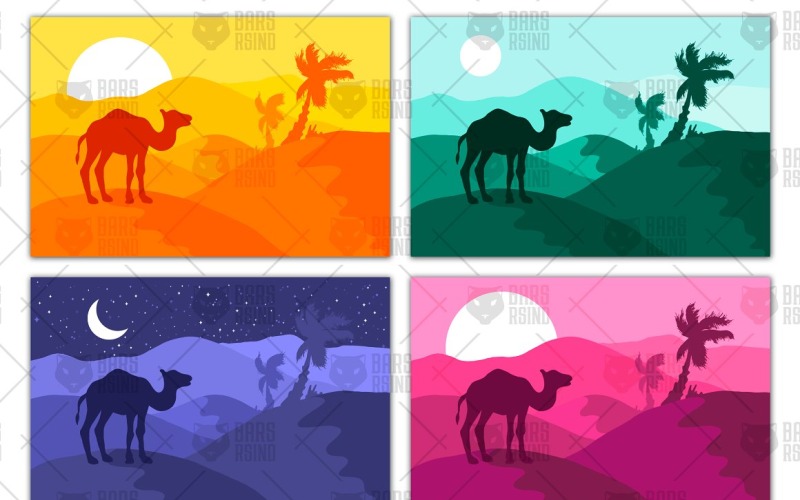 Download Vector "Sand Desert Panorama (Palms &amp; Camel) - Vector Image" / Sand Desert Panorama (Palms &amp; Camel) - Vector Image - Vector на тему графика desert,vector,camel,sand,tourism,illustration,background,travel,landscape,arabic,africa,nature,arabian,sun,silhouette,journey,hot,sunset,transport,egypt