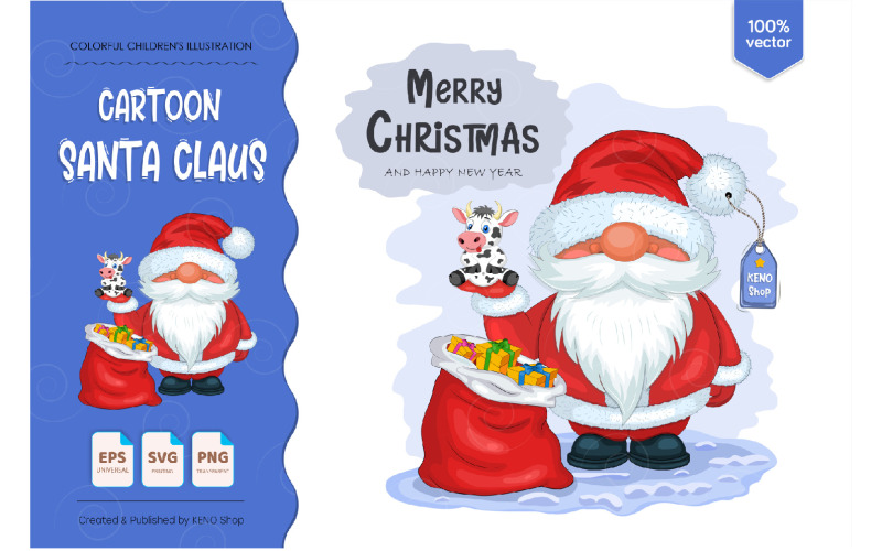 Download Vector "Santa Claus with a Bull - Vector Image" / Santa Claus with a Bull - Vector Image - Vector на тему графика santa claus,gnome,christmas,element,illustration,cartoon,elf,character,scandinavian,white,winter,green,fantasy,comic,holiday,beard,funny,graphic,isolated,seasonal