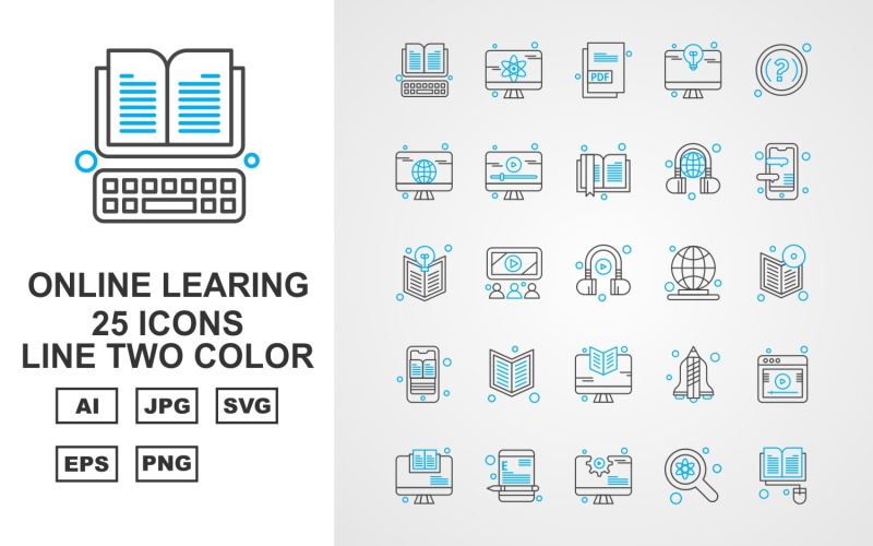 Download Набор иконок "25 Premium Online Learning Line Two Color Icon Set" / 25 Premium Online Learning Line Two Color Icon Set - Набор иконок на тему science book,mobile,rocket,website,lcd,find,document,question mark,book mark,earphone,headphone,earth,icon,icons