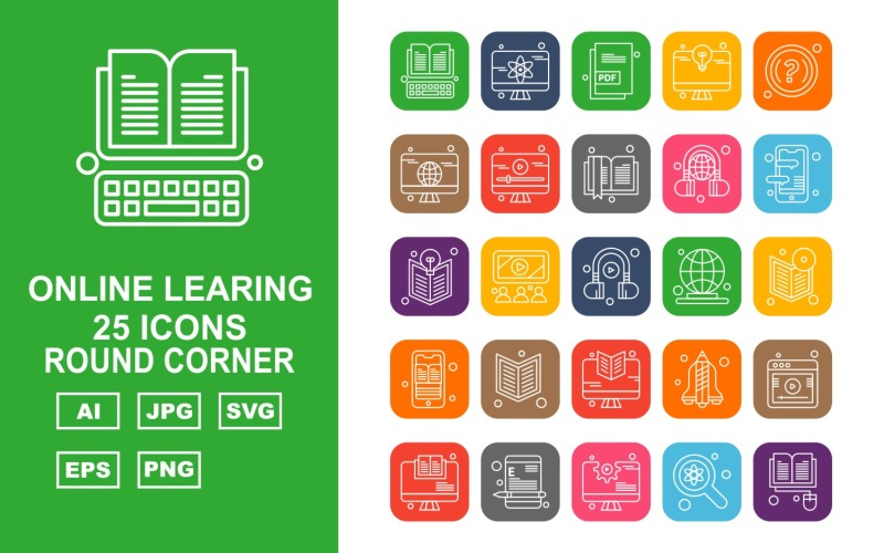Download Набор иконок "25 Premium Online Learning Round Corner Icon Set" / 25 Premium Online Learning Round Corner Icon Set - Набор иконок на тему science book,mobile,rocket,website,lcd,find,document,question mark,book mark,earphone,headphone,earth,icon,icons