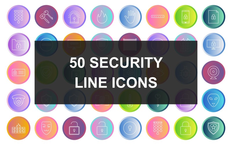 Download Набор иконок "50 Security Line Gradient Round Icon Set" / 50 Security Line Gradient Round Icon Set - Набор иконок на тему security passcode lock,secure server,bug fixing,hacker mask,umbrella,no entry sign,identity card,fingerprint lock,keys,siren,fire,hand,enter passcode,secure device,secure document,secure folder,passwo