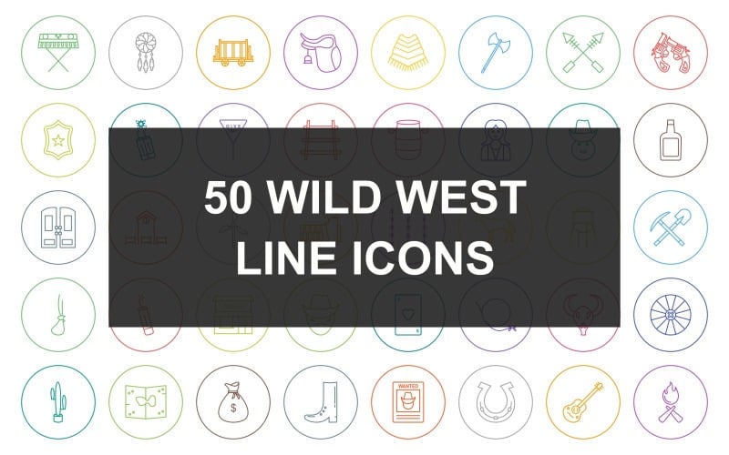 Download Набор иконок "50 Wild West Line Round Circle Icon Set" / 50 Wild West Line Round Circle Icon Set - Набор иконок на тему финансы piano,rails,water tower,map,oil lamp,gold,camp fire,coffin,desert,dream catcher,trolley,saddle,poncho,axe,arrows,two guns,badge,dynamite,sign,barrel