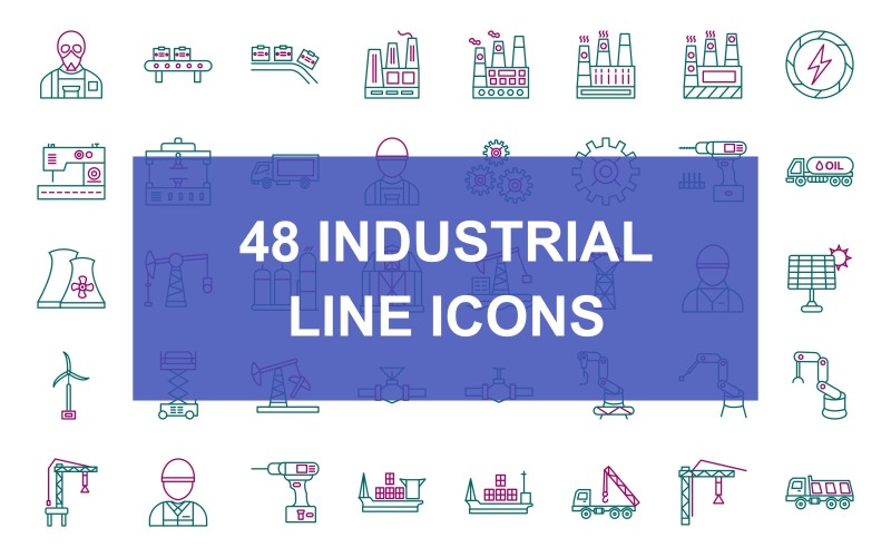 Download Набор иконок "48 Industrial Process Line Two Colors Icon Set" / 48 Industrial Process Line Two Colors Icon Set - Набор иконок на тему industrial gas mask,tester,industry worker,moving truck,wagon,oil barrel,tank wagon,lifter crane,conveyor,industry,factory,electric current,machine,machine press,truck,multiple cogwheels,cogwheel,drill,