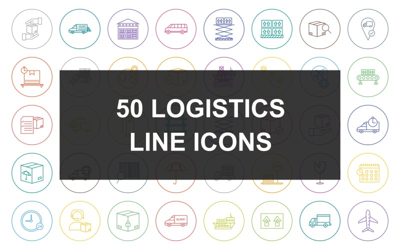 Download Набор иконок "50 Logistics Line Round Circle Icon Set" / 50 Logistics Line Round Circle Icon Set - Набор иконок на тему industrial receive package,package delivered,hand over package,agent,remove from package,add to package,shipment,online logistics,roll package,fast delivery,storage unit,delivery bus,lift box,boxes,find