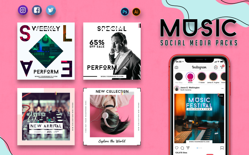 Download Шаблон для соцсетей "Music Promo Packs Social Media Template" / Music Promo Packs Social Media Template - Шаблон для соцсетей на тему графика music,promotion,social,media,pack,post,instagram,twitter,facebook,story,cover,instagrampost,instagramstory,template